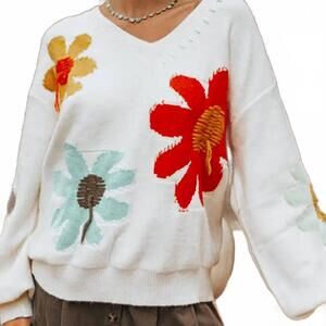 NEW UMORGER women's flower v-neck dropped shoulder sweater in white